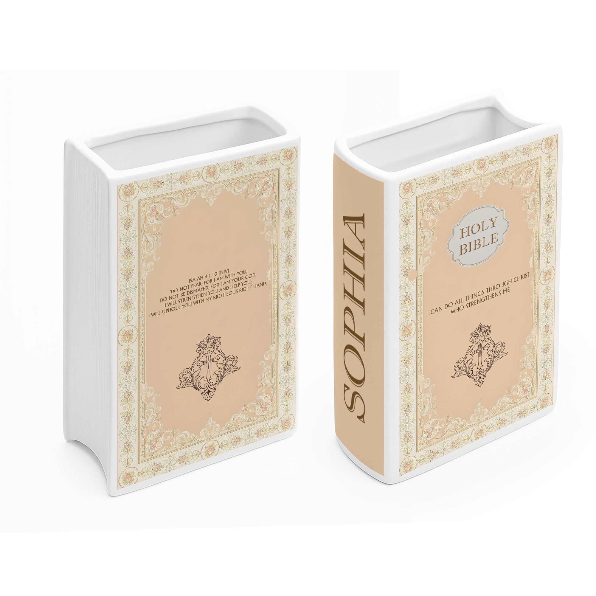 Personalized Holy Bible Book Vase, Ceramic Floral Book Decor with Scripture Verse, Christian Gift for Her CBLAF05